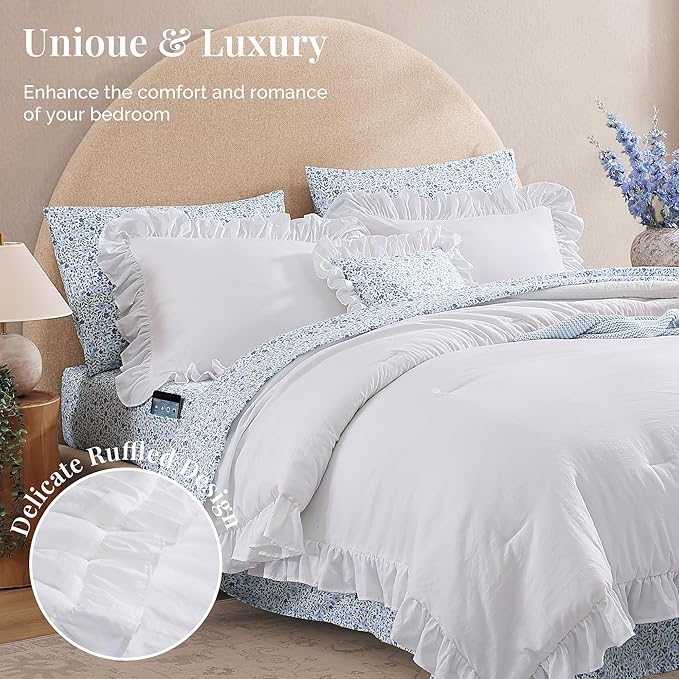 Twin XL Comforter Set - 5 Pieces Ruffle White Bedding Sets, Shabby Chic Farmhouse Bed in a Bag Twin XL with Ruffle Comforter, Floral Sheets, Pillowcases & Shams
