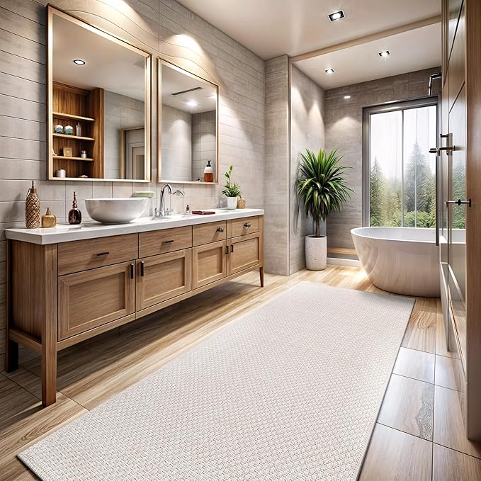 CAMILSON Indoor and Outdoor Runner Rug Off-White Solid Woven Design Easy-Cleaning Non Shedding Farmhouse Living Room Bedroom Garden Patio and Kitchen Washable Outside Carpet Alfombras (2x7)