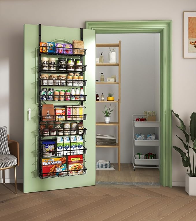 Over The Door Pantry Organizer, Wall Mount Spice Rack, Pantry Hanging Storage and Organization, 8 Adjustable Baskets Heavy-Duty Metal for Home & Kitchen, Back of Door Seasoning Rack - Black