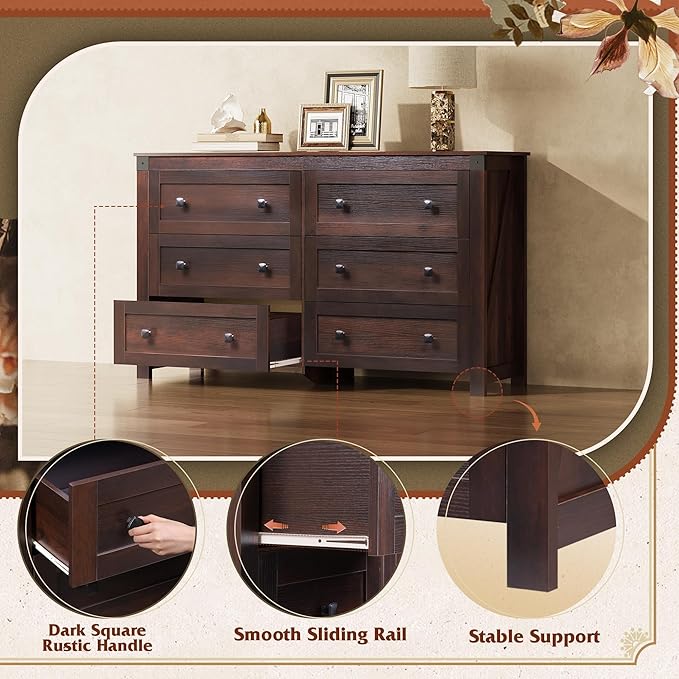 WLIVE Farmhouse 6 Drawer Dresser for Bedroom, 53.07'' Wide Wood Dresser, Storage Organizer with Double Rustic Handle, TV Stand for 60 inch TV, Chest of Drawers for Living Room, Hallway, Brown