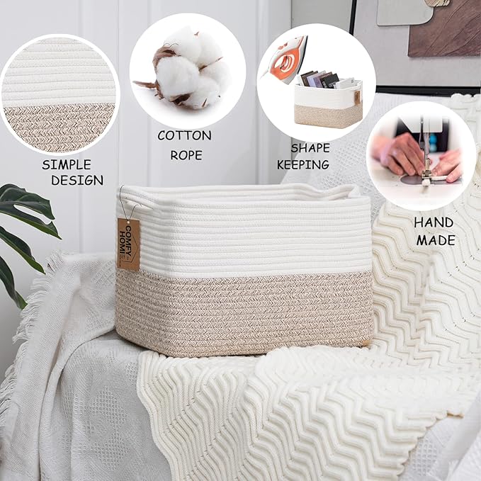 COMFY-HOMI Cotton Rope Woven Basket with Handles for Shelves,Toys,Book, Cloth Storage Baskets for Organizing-13.5" x 11" x 9.5" Toy Decorative Organizer for Living Room, Bathroom (White/Brown)