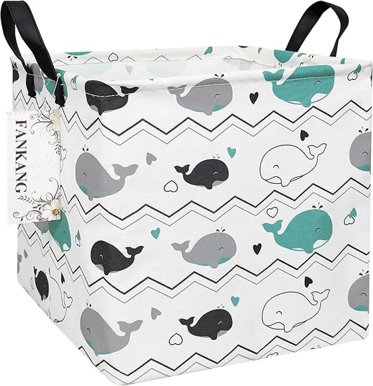 FANKANG Square Nursery Hamper Storage Bins Canvas Laundry Basket Foldable with Waterproof PE Coating Storage Baskets Gift Baskets for Children, Office, Bedroom, Clothes(Square-whales )