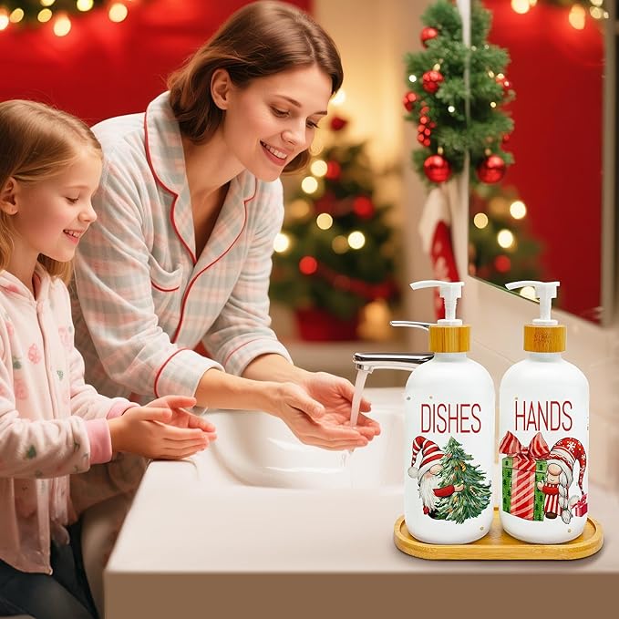 Hexagram Christmas Soap Dispenser Set of 2, Christmas Kitchen Decor, Xmas Gnomes Glass Soap Dispenser for Home Indoor Decorations, Xmas Refillable Lotion Essential Oil Dispensers with Pump