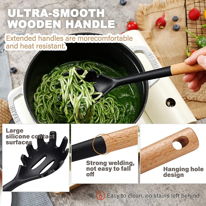 QMVESS Silicone Cooking Utensils Set, Kitchen Utensils Set 7 Pcs with Long Wooden Handle, Food Grade and Heat Resistant Large Silicone Spatula Set for Nonstick Cookware, BPA Free(Black)