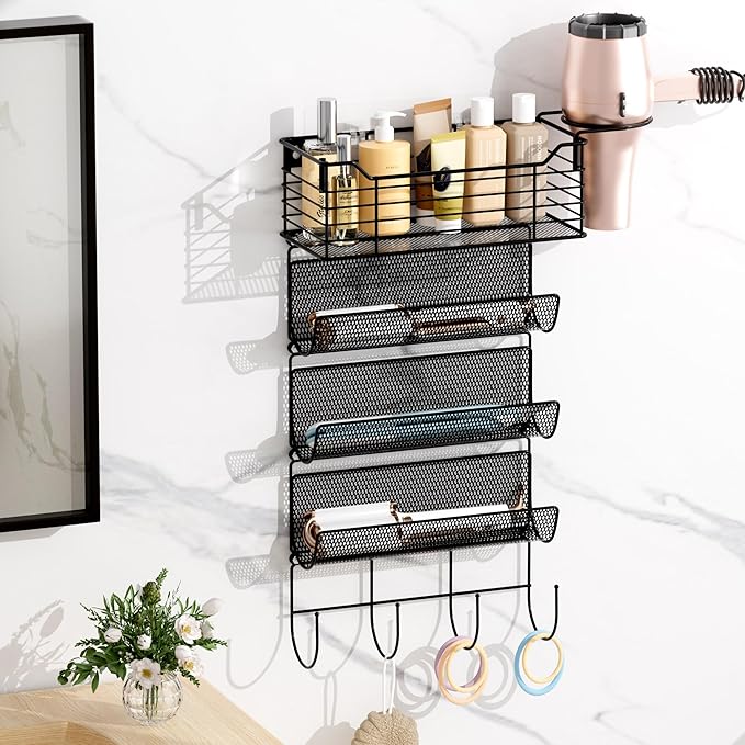 VITVITI Metal Hair Tool Organizer Wall Mount, Hair Dryer Holder with 4 Tier Shelf Basket Hooks, Bathroom Hair Styling Tool Organizer for Curling Iron/Blow Dryer/Straightener, Matte Black