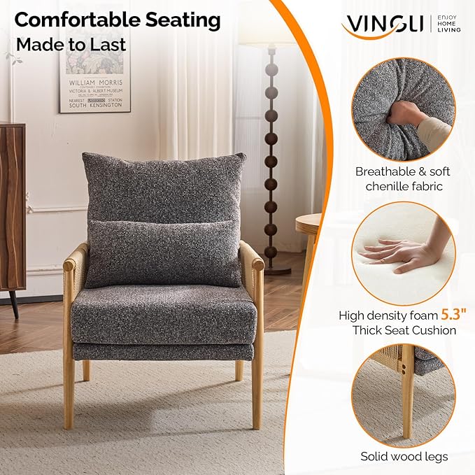 VINGLI Boho Braid Accent Armchairs Set of 2,Mid-Century Modern Chiars with Solid Wooden Armrest,Comfy Louge Cushion Chairs with Waist Pillow for Bedroom,Living Room,Reading Room, Gray