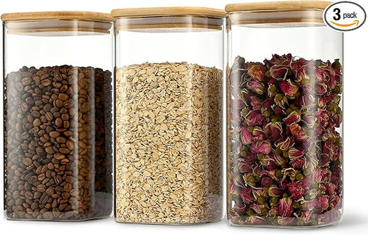 52oz Airtight Glass Square Storage Canister with Bamboo Lid Set of 3 (1550ml) Container Stackable Spice Jar, Kitchen Canister for Flour, Cookies, Cereal and Coffee beans (with Black Lable)