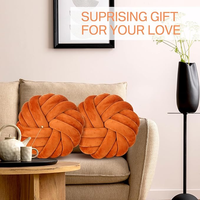 Fumete 2 Pcs 14 Inches Knot Pillow Round Throw Soft Plush Knot Ball Pillow Handmade Knotted Modern Home Decorative Cushion for Bed Bedroom, Sofa, Couch (Caramel Color)