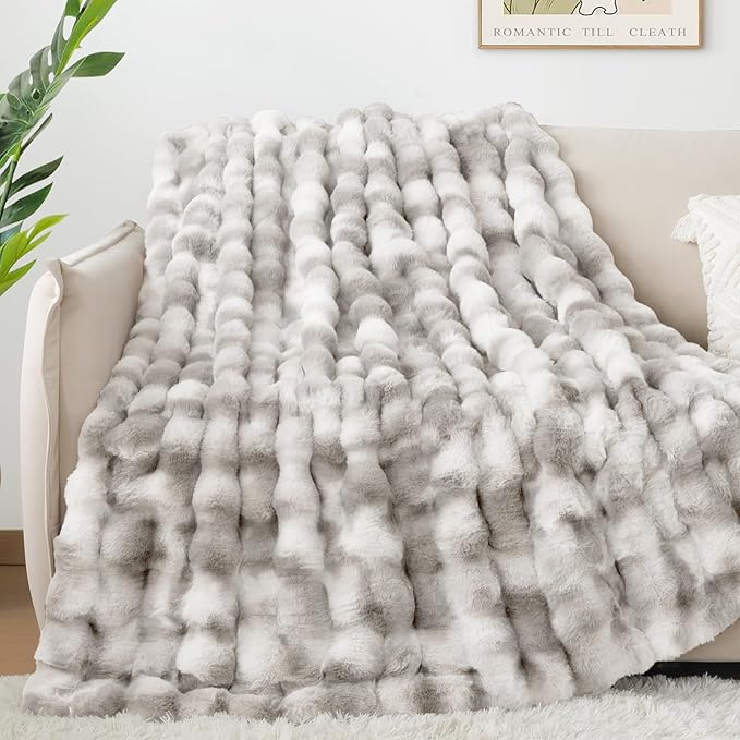 Touchat Luxury 1000GSM Rabbit Faux Fur Blanket, Super Heavy Warm Cozy Brown Blankets for Couch Bed Sofa, Ruched Plush Fuzzy Elegant Soft Reversible Mink Blanket Living Room Bedroom, 90" x 90"