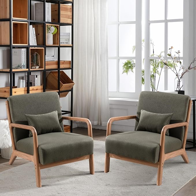 INZOY Mid Century Modern Accent Chair with Wood Frame, Upholstered Living Room Chairs with Waist Cushion, Reading Armchair for Bedroom Sunroom (Green)