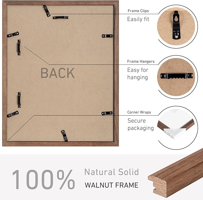 11x14 Picture Frame Set of 4 Natural Solid Walnut Photo Frames with 8x10 Removable Mat Wall Hanging Large Handcrafted Frame with HD Plexiglass Wall and Tabletop Display Large Poster Frame
