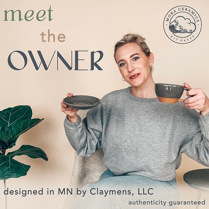 Mora Ceramic Latte Art Mug With Saucer - 10.5 oz, Round Bottom For Perfect Pours - Cafe Cups for Cappuccino, Espresso, Coffee, Tea etc - Porcelain Set for Baristas, Great Gift - Sesame Milk