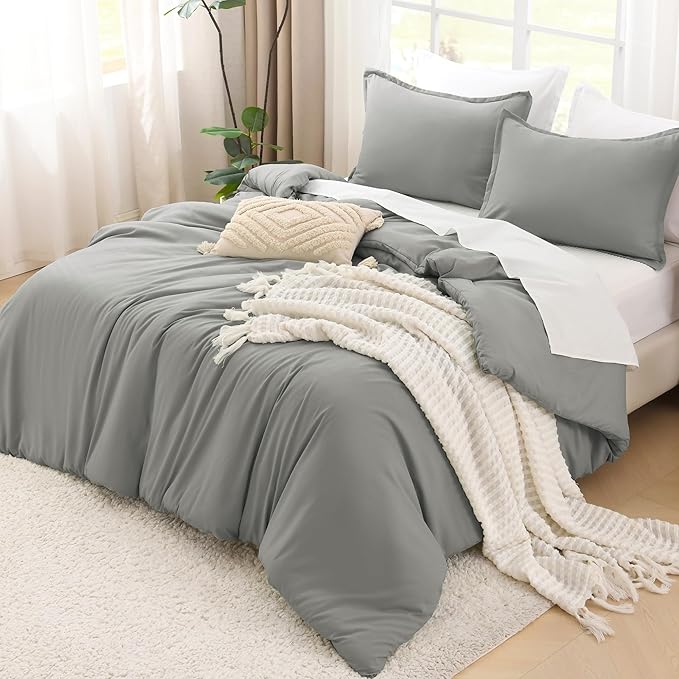 Litanika Comforters Medium Gray Super King Plus Size, 3 Pieces Lightweight Solid Bedding Set & Collections, All Season Fluffy Bed Set (128x120In Comforter & 2 Pillowcases)