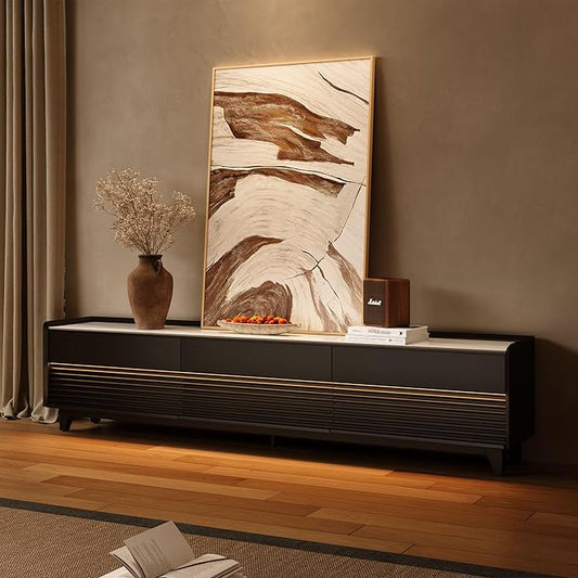 POVISON Fully-Assembled Mid Century Glossy Sintered Stone TV Stand with Legs, Wood Media Console with Adjustable LED Light, Entertainment Center with Storage for Living Room