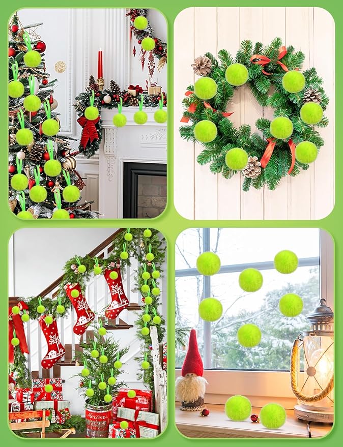 64Pcs Green Furry Christmas Balls, Green Xmas Ornaments Ball, Craft Pom Pom Balls, Christmas Tree Decorations Ball, Hanging Ornaments for Xmas Indoor Wreath Home School Office Décor
