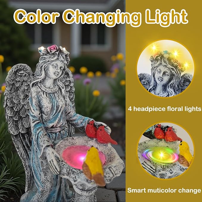 Mrocioa Solar Outdoor Garden Decor Angel Statue Light with Color Changing Birdbath, Waterproof Led Home Decor Figurine Lights for Yard Patio Front Porch, Housewarming Gifts for Thanksgiving Christmas