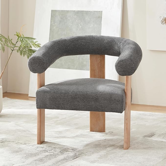 VKNOW Accent Chair Living Room Chair, Modern Upholstered Armchair with Solid Wood Legs, Comfy Barrel Arm Chairs for Living Room Bedroom, Dark Grey