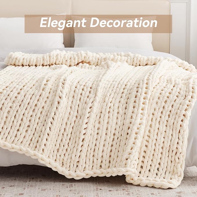 Chunky Knit Throw Blanket, 50''*60'' Knitted Throw Chenille Yarn for Bed Couch, Handmade Cream Crochet Big Thick Blanket, Machine Washable Cute Comfy Blanket for Home Decor