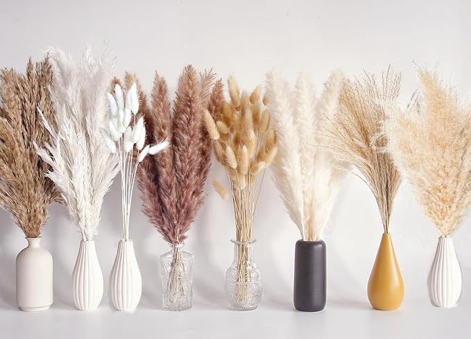 130 PCS Dried Pampas Grass Bouquet, Boho Table Decor, Bunny Tails Dried Flowers, Brown Pampas, Fluffy Pompas, White Pampas Grass for Weddings, Home Decor, Rustic Parties, and Baby Shower Decorations