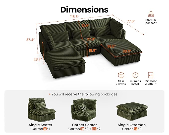 Oversized Modular Sofa, Extra Deep Cloud Corduroy Sectional Couch with Ottoman Chaise, Fluffy Corduroy 5 Seater Sofa Bed for Living Room, Villa (U Shape 5 Seater, Corduroy Green)