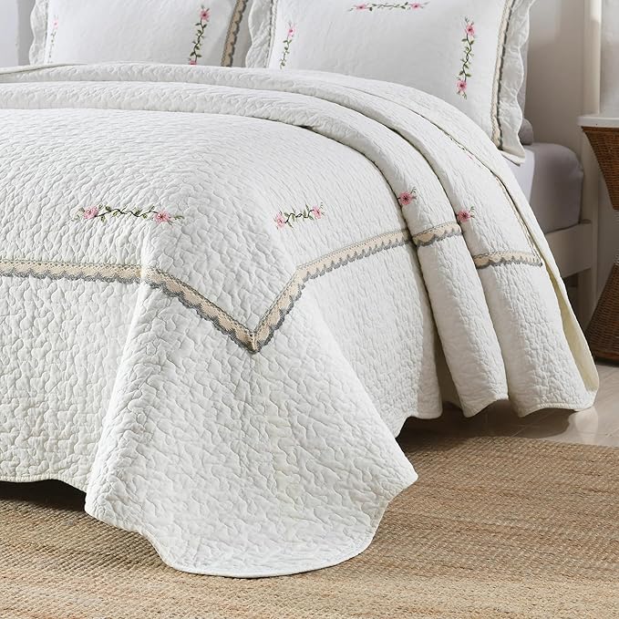 MarCielo 3-Piece 100% Cotton Oversized Bedspread Lightweight Quilt Coverlet Embroidery Farmhouse Bedding Set (Sakura White, Oversized Queen (100"x106"))