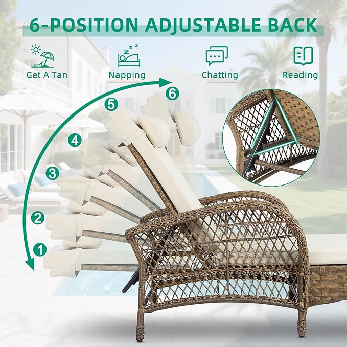 VIVIJASON Outdoor Wicker Chaise Lounge Chair, All-Weather PE Rattan Cushioned Patio Lounger Chair, 6-Position Adjustable Pool Sunbathing Recliner with Armrest & Pillow for Poolside Deck Yard, Beige