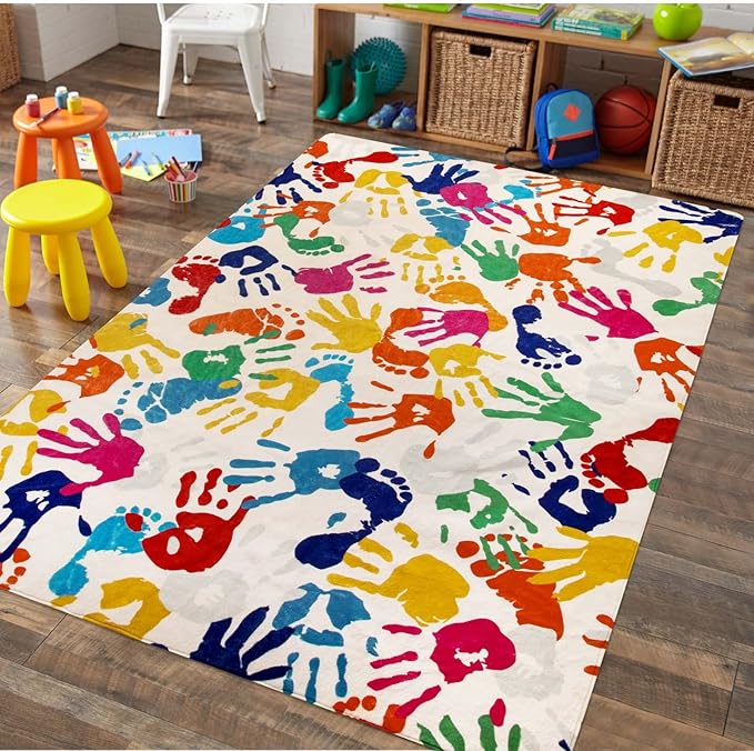 STARUIA Handprints and Footprints Large Kids Rug 5'x7', Washable Colorful Area Rug for Nursery Room, Non-Slip Play Mat Ultra Soft Indoor Carpet for Bedroom Playroom Classroom