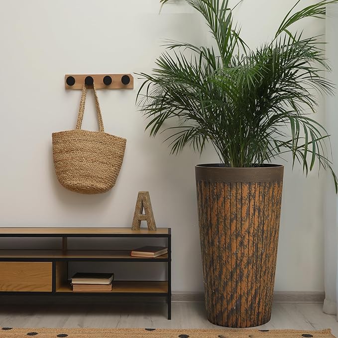 Worth Garden 22.5" H. Plastic Planters - Set of 2 Vintage Brown Tall Conical Plant Pots for Indoor Outdoor Use - Decorative Lightweight Flower Pots for Front Porch, Patio, Deck - 12.5" Dia x 22.5" H