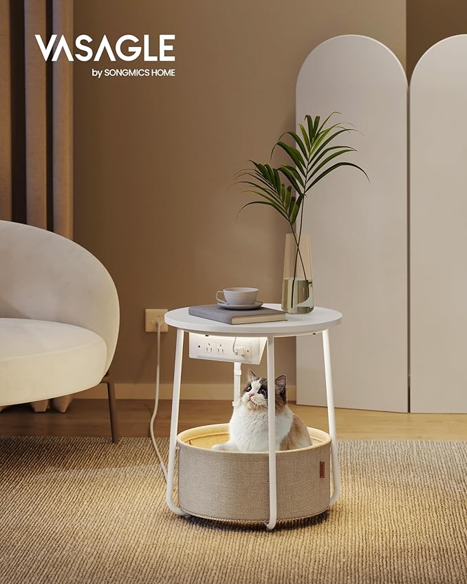 VASAGLE Side Table with Charging Station, Round End Table with Fabric Basket, LED Nightstand with Power Outlets, USB Ports, for Living Room, Bedroom, Modern, Matte White and Camel Brown ULET227W01