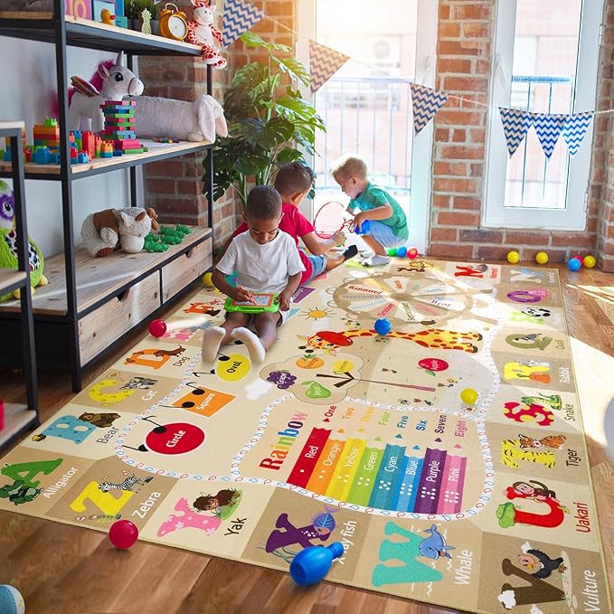 7x10 Playroom Rugs for Kids Washable, Educational and Fun Playmat with ABC Alphabet Animals Shapes Colors, Non-Slip Play Mat Learning Rug for Baby Toddler Children Game Activity,Beige, Pink