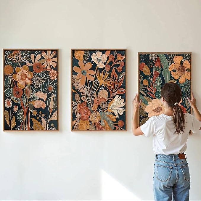 Tinonedraw Vintage Burnt Orange Floral Framed Canvas Wall Art Set of 3, Boho Chic Flower Artwork, Mid Century Modern Plant Wall Decor, Colorful Neutral Botanical Art Prints for Bedroom Living Room Office 16"x24"