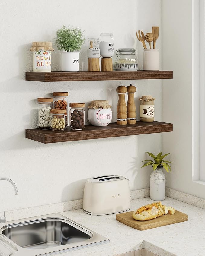 Marsmiles 6.7" Floating Shelves for Wall, Wooden Shelves with Invisible Brackets Set of 2, Rustic Farmhouse Wall Mounted Shelf for Kitchen Bathroom Living Room Study, Walnut