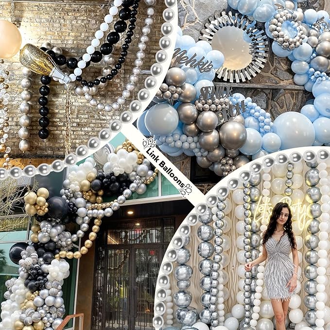 White and Silver Linking Balloons, 100PCS 6 Inch Small Metal Silver Quick Link Balloons for Making Balloon Wall Heart Arch Tails Balloon for Wedding Birthday Baby Shower Graduation Party Decorations