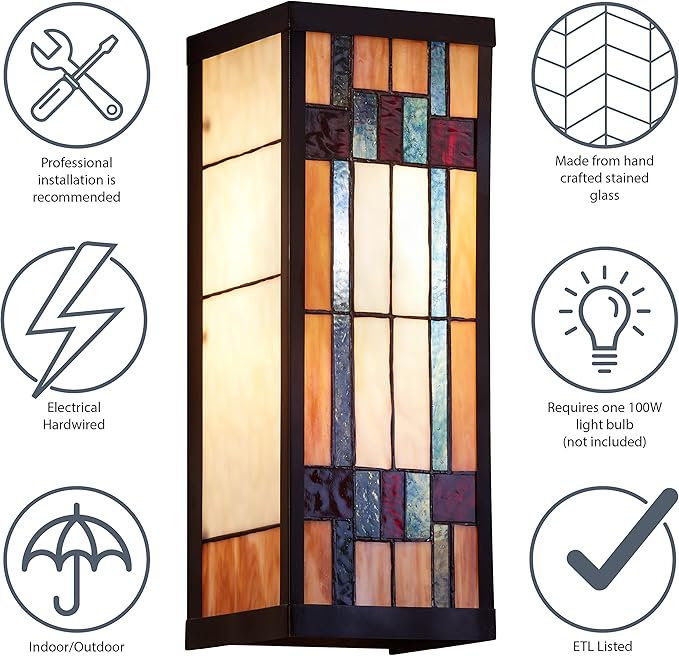 RIVER OF GOODS Art Deco Stained Glass Outdoor Light Fixture - Large Exterior Outdoor Wall Lights for House, Patio, Porch, Garage - Wall Mount Lighting Fixtures - 16.25" H - Faye