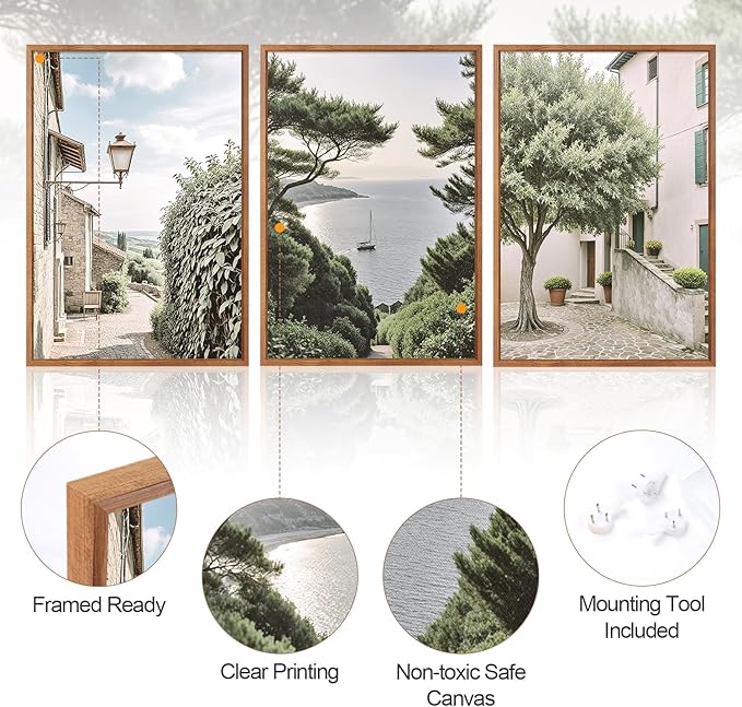 Aurlan Neutral Italy Cityscape Gallery Framed Wall Art(16"x24"), 3PCS Vintage Mediterranean Countryside Landscape Canvas Artwork, Large Town Coast Streets Travel Decor Prints for Office Home