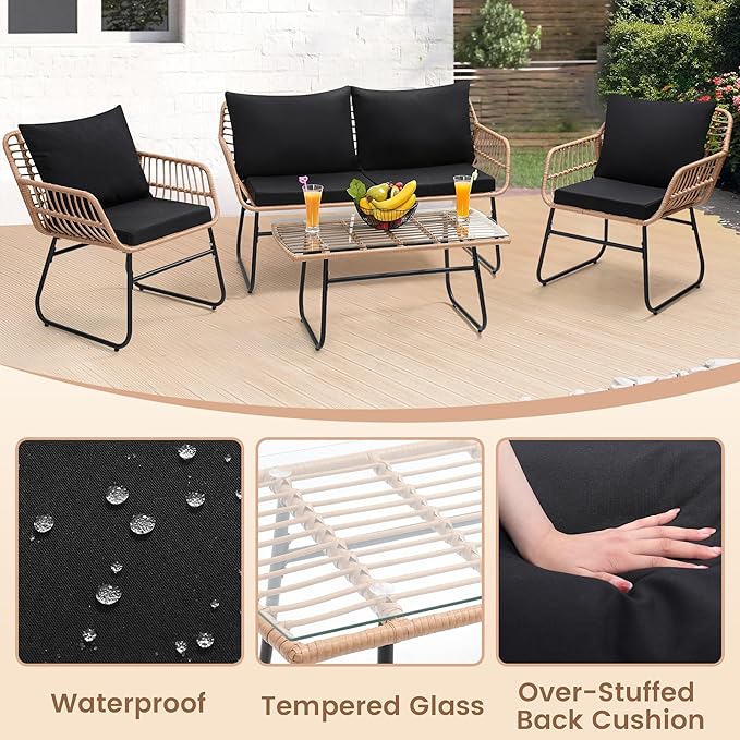 Kromax 4 Piece Patio Bistro Outdoor Furniture Set, Wicker Sofa, 2 Rattan Chairs, and Table, Backyard Conversation Set, All Weather Cushions, Natural Rattan Black Cushion