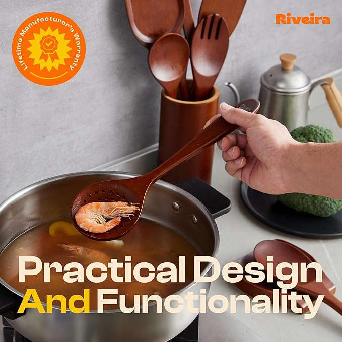 Riveira Set of 6 Premium Brown Bamboo Cooking Utensils - Bamboo Utensils for Cooking - Non-Toxic Kitchen Set - Wooden Kitchen Utensils for Non-Stick Cookware