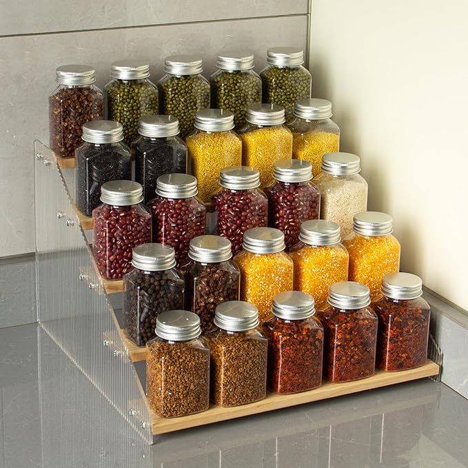 nianfeng Tiered Spice Rack, 5-Tier Spice Pantry Kitchen Cabinet Organizer, 12-Inch, Natural Wood Acrylic Stair Riser Stand, Countertop Seasoning Shelf