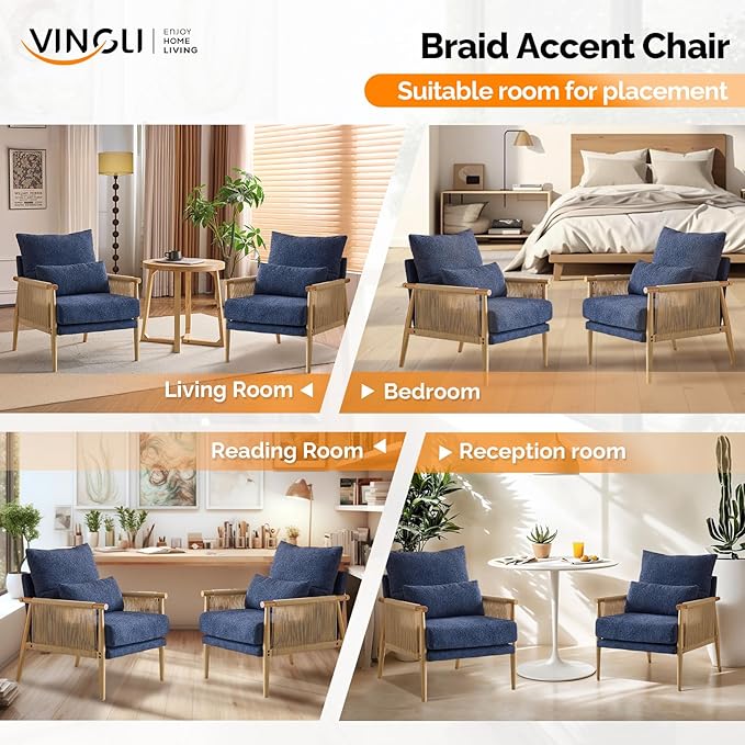 VINGLI Boho Braid Accent Armchairs Set of 2,Mid-Century Modern Chiars with Solid Wooden Armrest,Comfy Louge Cushion Chairs with Waist Pillow for Bedroom,Living Room,Reading Room, Blue