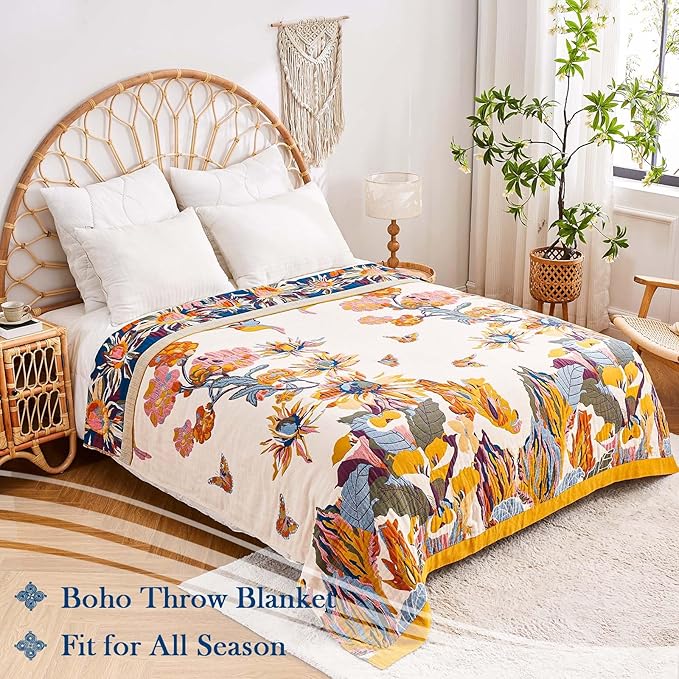 Boho Throw Blanket, 100% Cotton Ultra Soft Luxury Throw Rustic Quilt, 50"x60" Floral Bird Butterfly Farmhouse Decor Bed Blankets, All Season Rustic Reversible Bohemian Throw for Bed - Yellow