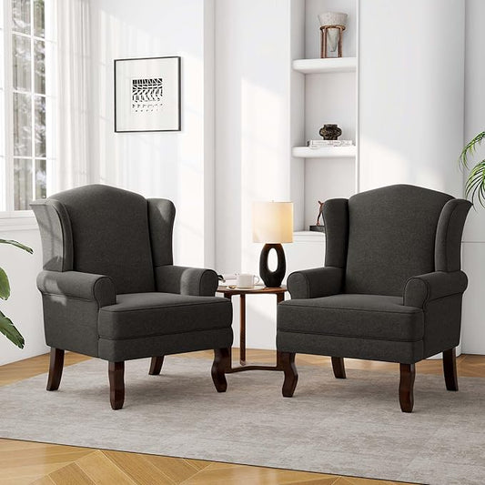 Accent Chair, High Back Upholstered Armchair with High Resilience Sponge & Wood Legs, Mid-Century Modern Comfy Single Sofa Reading Chairs for Living Room, Bedroom (Dark Grey, Set of 2)