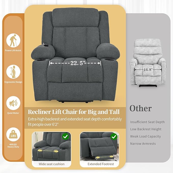 Oversize Power Lift Recliner Chair for Big and Tall with Extended Footrest, Large Electric Lift Chairs, 400lbs Capacity, Remote Control, Cup Holders & Side Pockets
