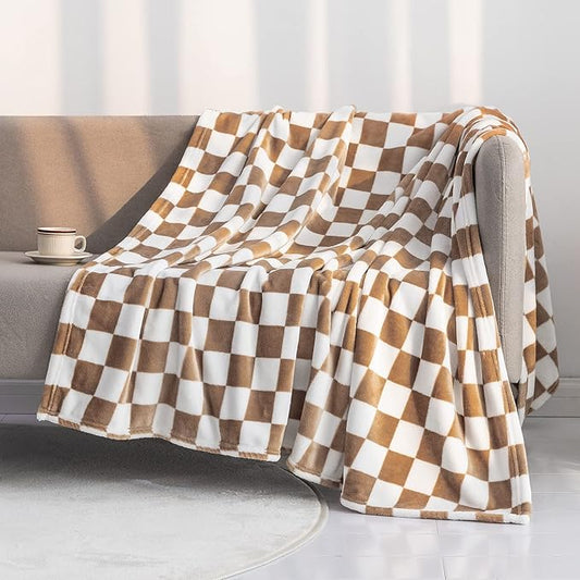 LOMAO Throw Blankets Flannel Blanket with Checkerboard Grid Pattern Soft Throw Blanket for Couch, Bed, Sofa Luxurious Warm and Cozy for All Seasons (Khaki, 90"x90")