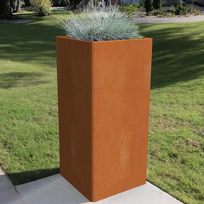Modern Cor Ten Steel Planter – 28” Tall Planters with Removable Insert Shelf | Heavy-Duty Rust-Resistant Metal Planter Box for Patio, Porch & Garden (14x14x28in)