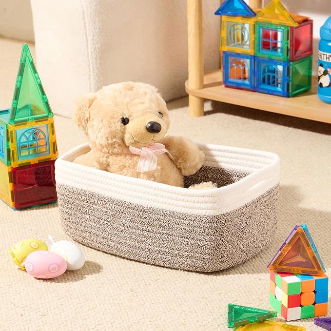 Small Storage Baskets for Organizing | Closet Organizer Bins | Shelf Toy Basket | Woven Rope Baskets | Cube Decorative Box | Shallow Basket | 13x8.5x5.1” | 4 Packs White Brown
