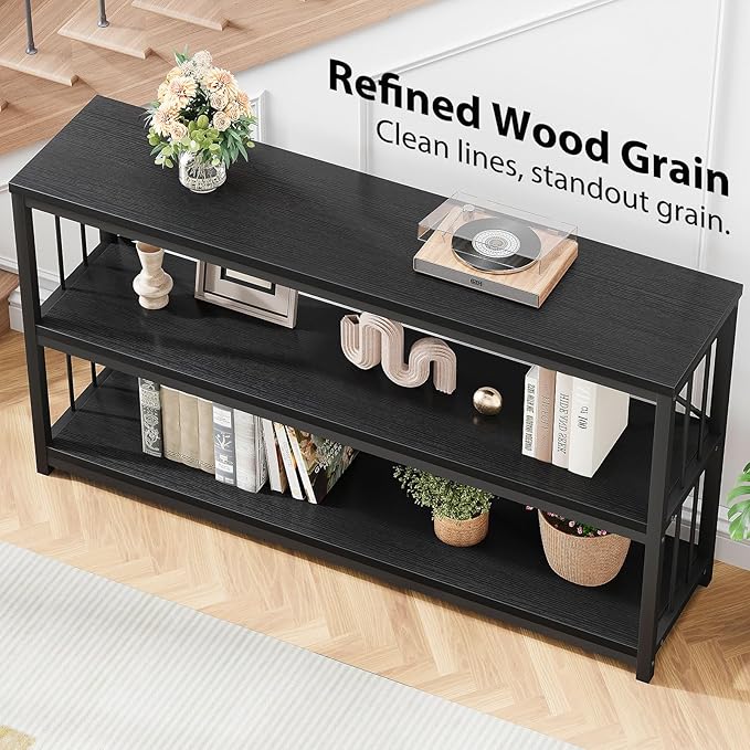 LVB Black Entryway Table, Modern Extra Long Sofa Console Table, Metal Wood Narrow Hallway Table with Storage Shelves, Industrial Skinny Foyer Couch Tables for Living Room Bedroom, Black Oak, 70 Inch