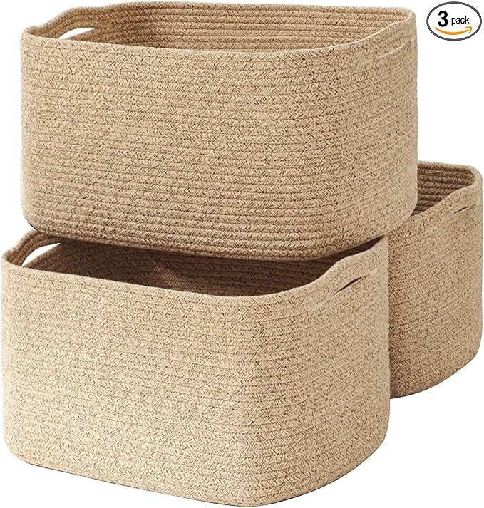 Large Storage Baskets for Organizing Shelves, Woven Cotton Rope Bins for Baby Nursery Organization, Book Toy Towel Organizer, 17"x13"x9.5", 3 Packs, Brown