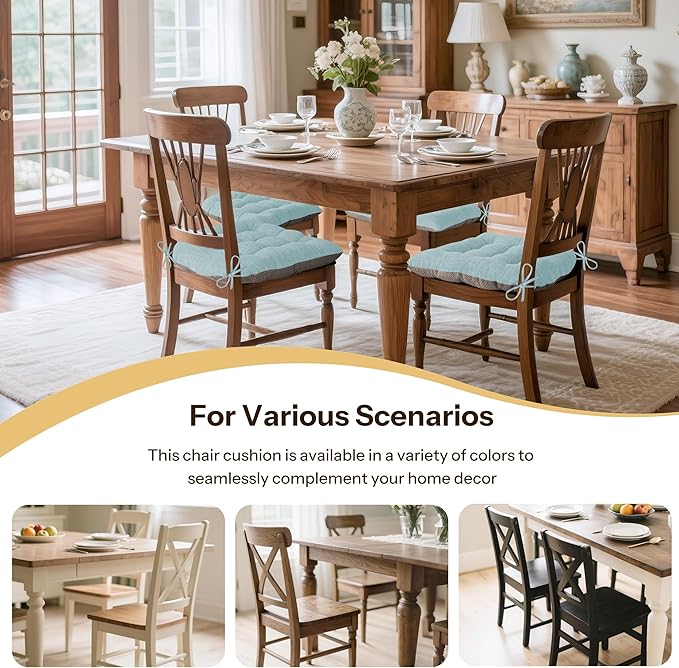 Non Slip Chair Cushions for Dining Chairs Set of 4 Kitchen Chair Cushions 18"x18"x3" Turfted Chair Pads Comfortable and Soft Seat Cushion with Ties, Aqua Blue