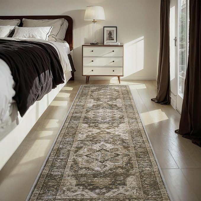 AMOAMI-2X10 Runner Rug-Washable Runners for Hallways-Soft Non Slip Bedside Rugs for Bedroom-Vintage Long Rug for Hallways Entryway Laundry Room Stair Kitchen Bathroom Brown/Coffee