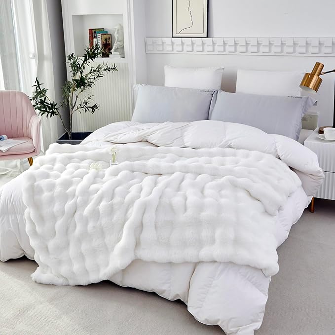 RYNGHIPY Faux Fur Throw Blanket Double Sided Thick and Warm Plush Fluffy Faux Rabbit Fur Decoration for Couch Sofa Chair and Bed Cream Winter Blanket (Ivory, 51''x63'')